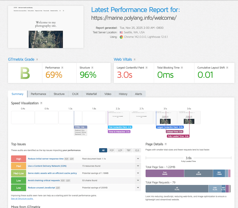 My current site’s performance without lazy loading - Source: GTmetrix