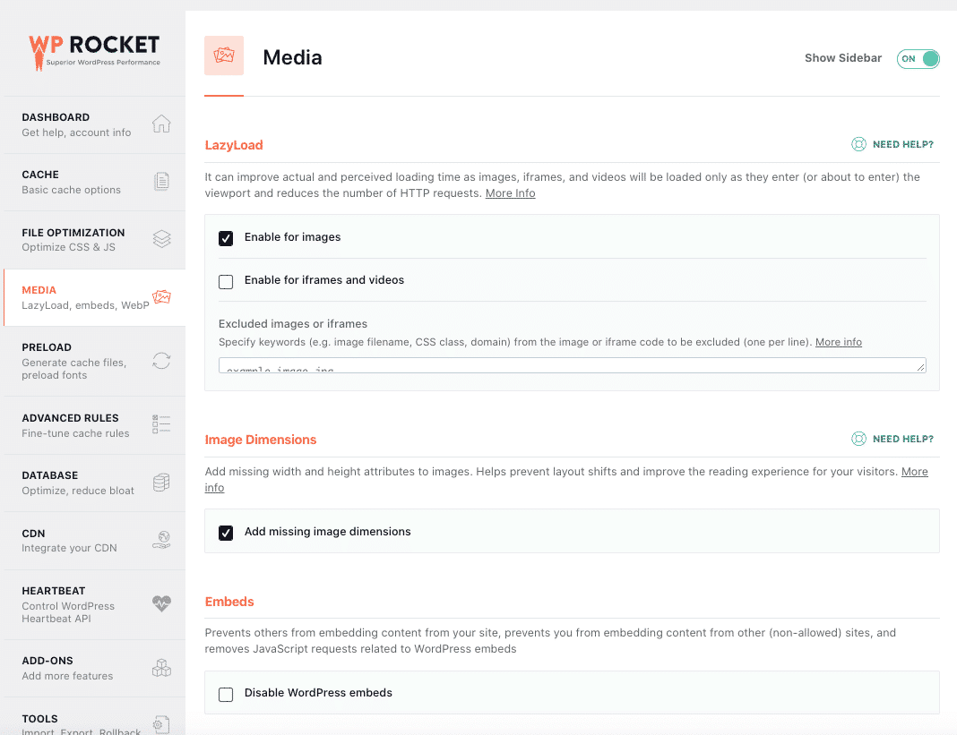 Media tab with checked options - WP Rocket dashboard