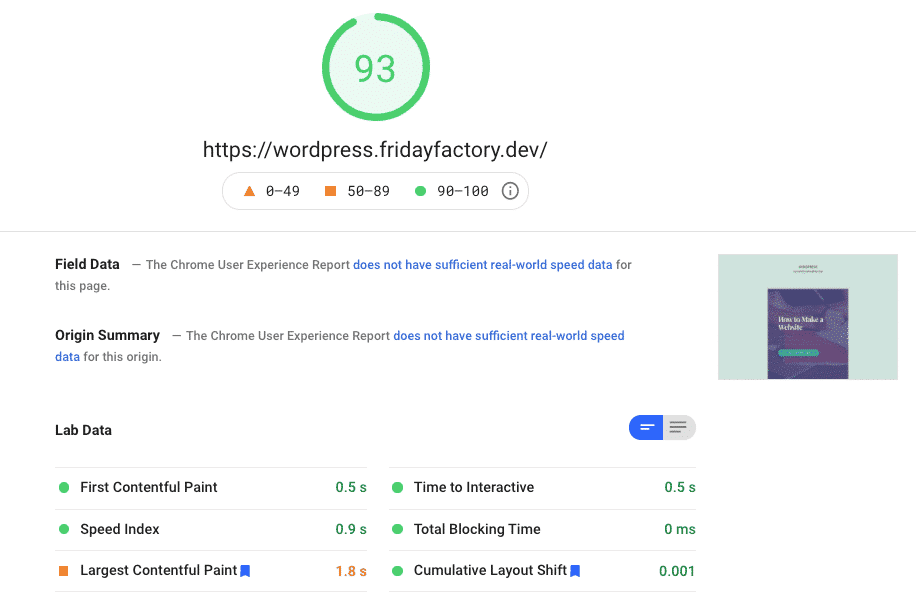 My score in the green using WP Rocket and Imagify - Source: PSI
