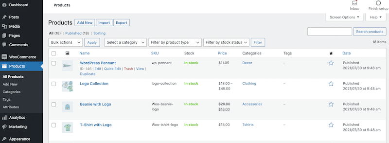 Extract of my products page - WooCommerce dashboard 
