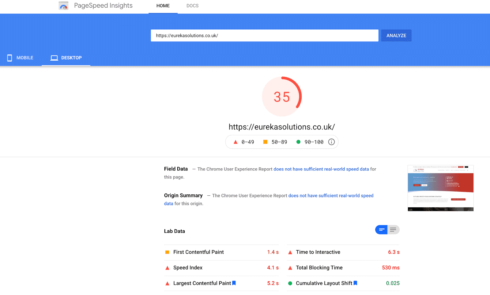 PageSpeed score from desktop
