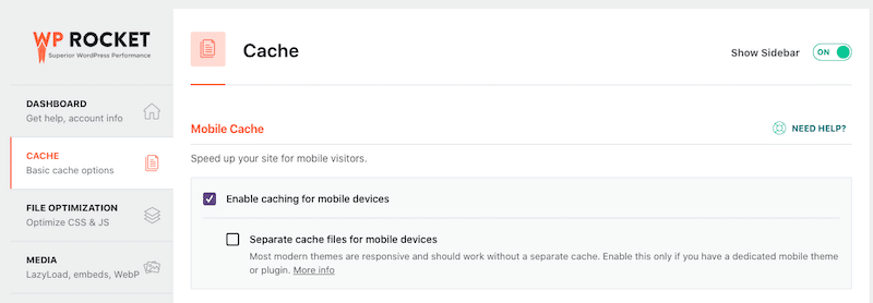 Enabling cache for mobile devices - Source: WP Rocket’s dashboard
