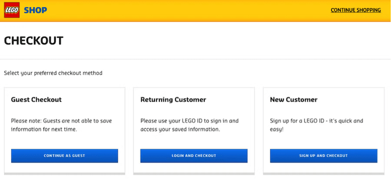 Guest checkout vs login - Source: Lego
