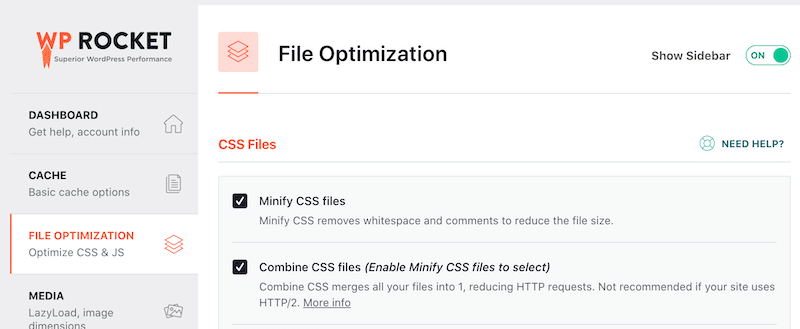 Minifying and Combining my CSS files with WP Rocket (note: if you scroll, you have the same section for JS)
