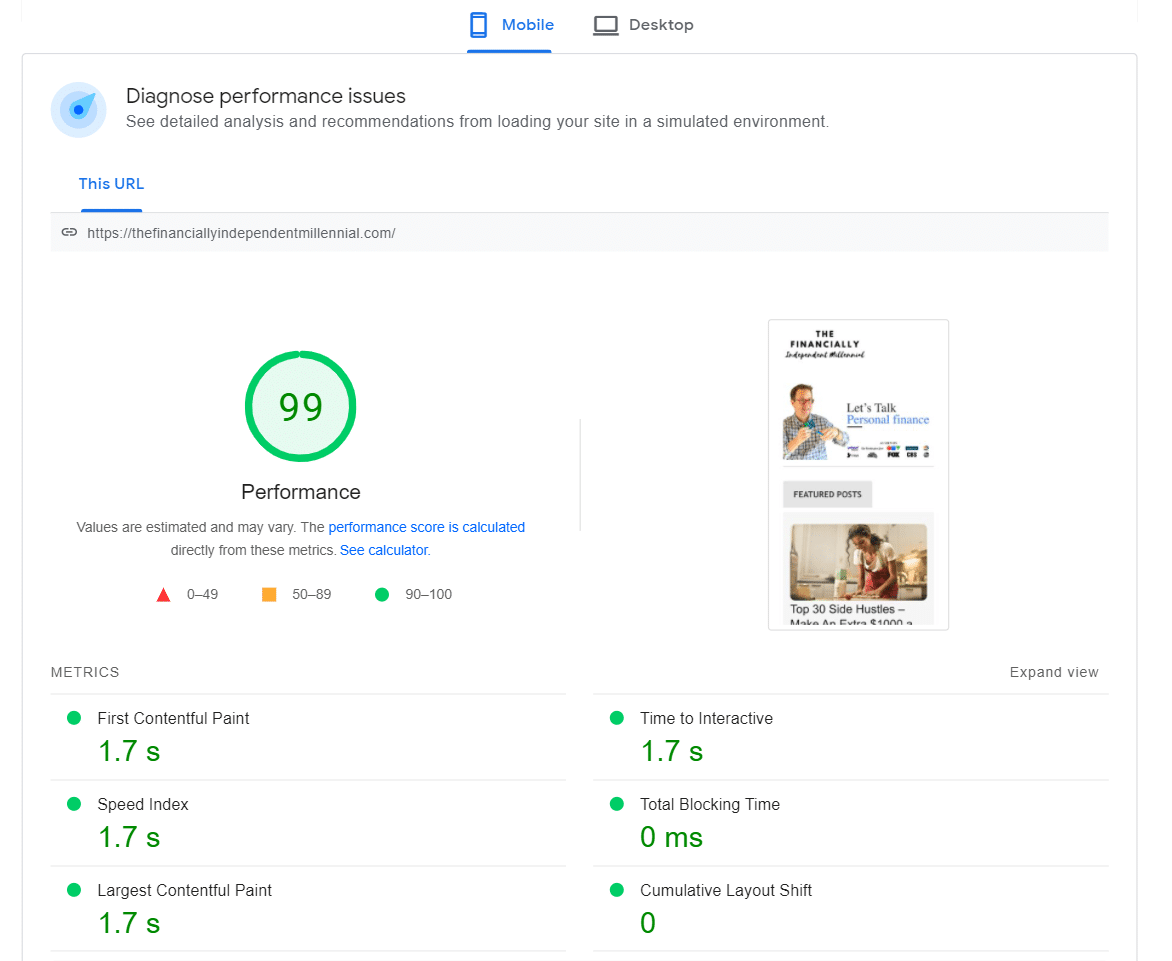 The Mobile PSI score - Homepage 