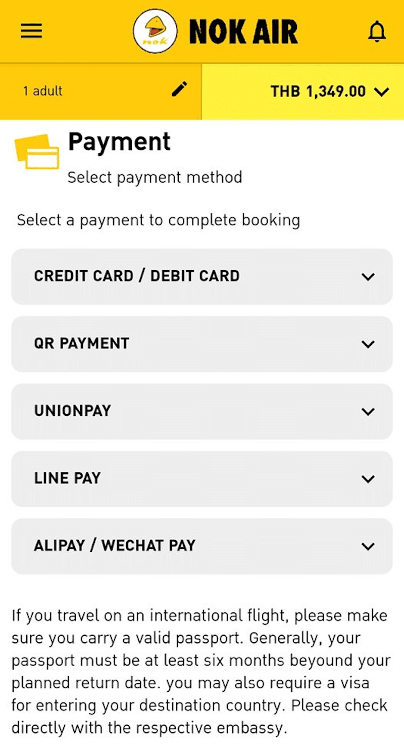 Several payment methods according to passenger preferences (mainly Chinese and Thai) - Source: Nok Airlines
