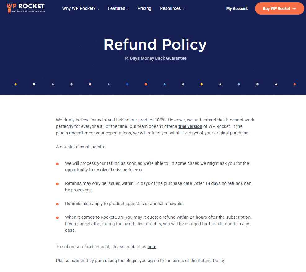 WP Rocket refund policy