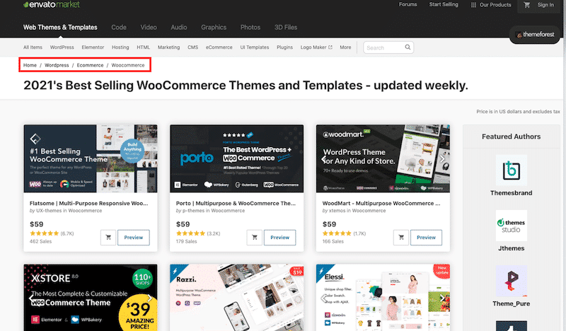 Dedicated WooCommerce section on popular marketplaces like Envato - Source: Envato
