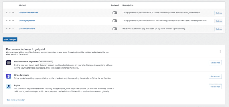 Example of WooCommerce offering different types of payment gateways
