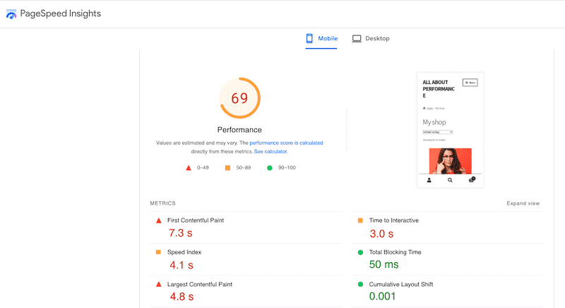 Performance audit of my eCommerce site without WP Rocket - Source: PSI
