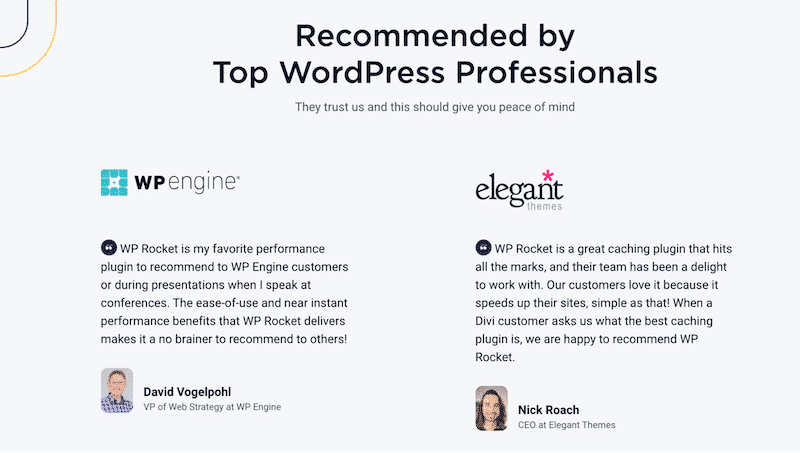 WP Rocket’s reviews from Top WordPress Professionals - Source: WP Rocket’s official site
