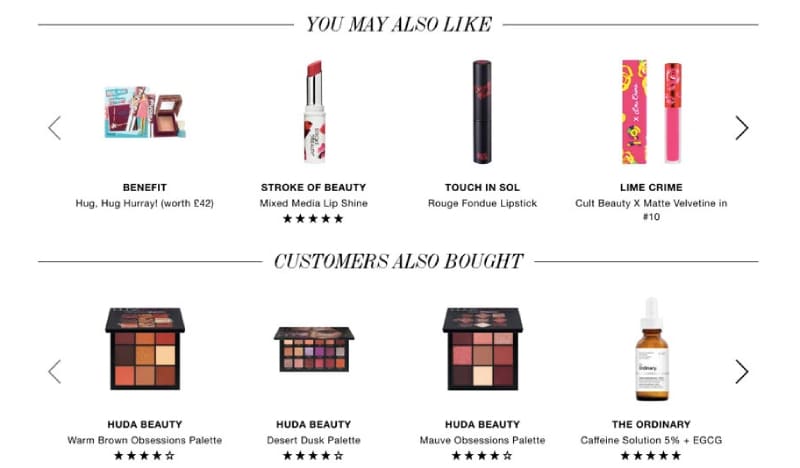 Recommendations based on the items added to card, source: Cultbeauty.com
