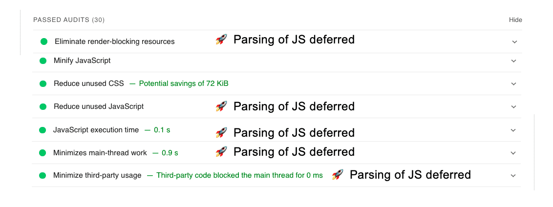 Passed audits by deferring parsing of JS with WP Rocket - Source: PageSpeed
