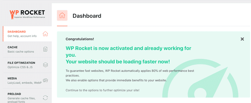 The WP Rocket’s dashboard on WordPress
