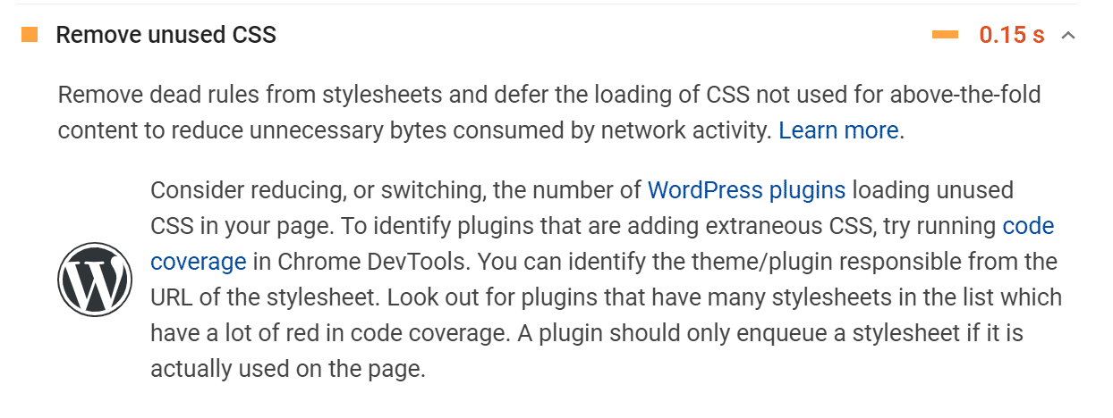PageSpeed Insight removed unused CSS 