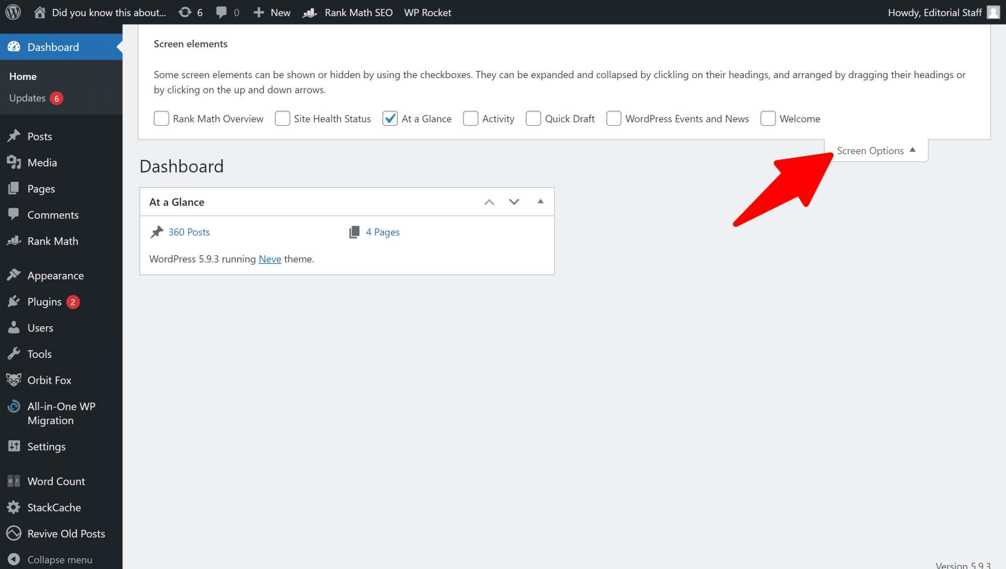 WordPress admin screen option