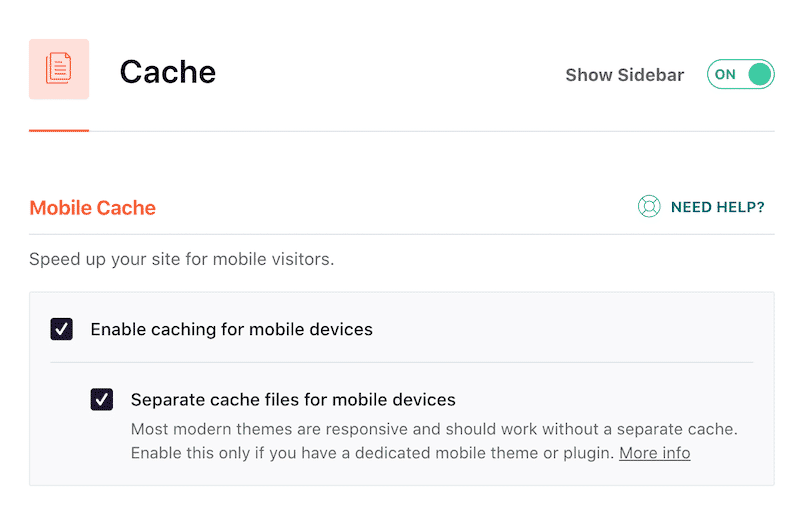Cache option also for mobiles - Source: WP Rocket
