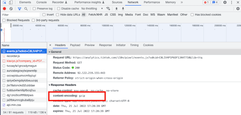 Checking if GZIP or Brotli is activated - Source: Chrome Dev Tools
