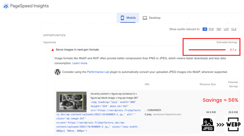 Google recommending to serve images in next-gen formats to save 2.7s of loading time - Source: PSI