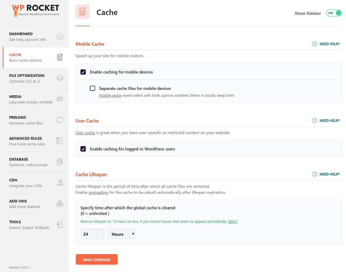 Cache tab using the WP Rocket plugin