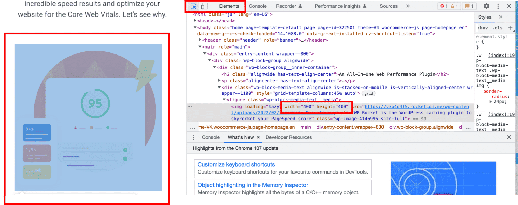 Identifying my image size from the “Elements” tab - Source: Chrome DevTools