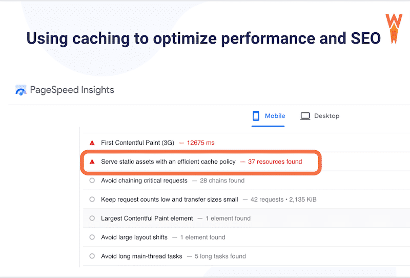 PageSpeed Insights recommends using caching in the performance report - Source: PageSpeed Insights