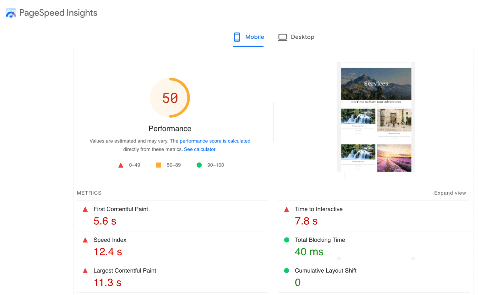Performance results with my unoptimized page (No Imagify) - Source: PageSpeed Insights
