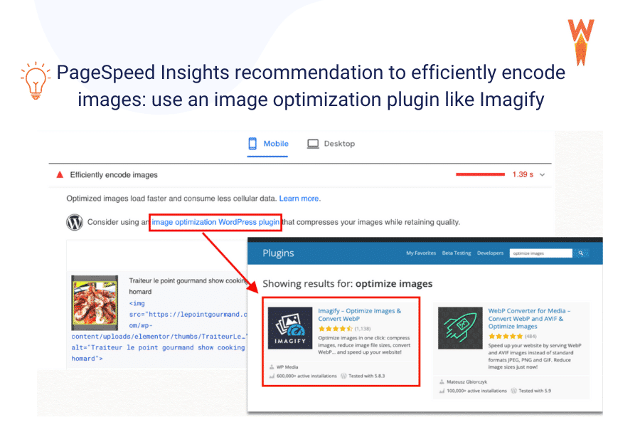 The Imagify plugin recommended by PageSpeed Insights as a solution to efficiently encode images