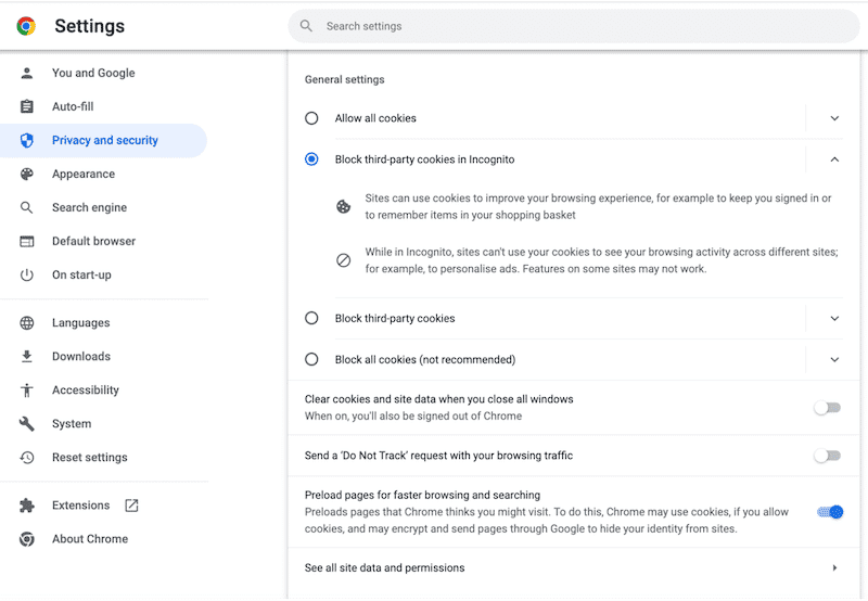 Clearing third-party cookies on Google Chrome - Step 2 - Source: Chrome Settings