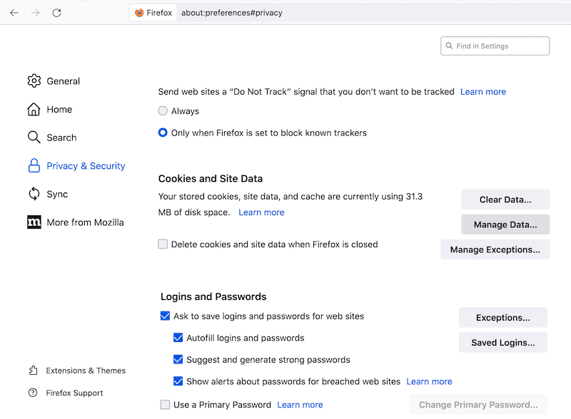 Privacy & Security section - Source: Firefox
