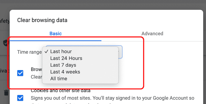 Time range for clearing on Google Chrome -Source: Chrome Settings
