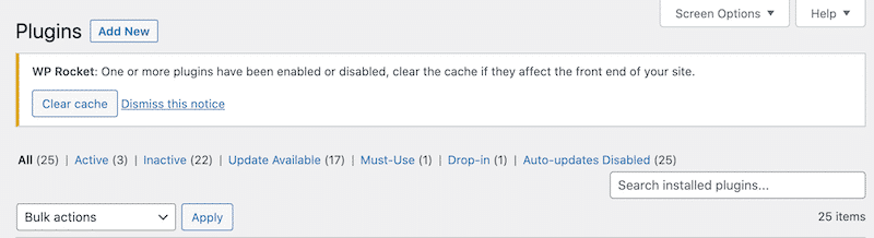 WP Rocket warning suggesting to clear the cache  - Source: WP Rocket
