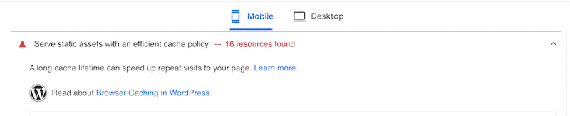Lighthouse recommendation to use caching - Source: PageSpeed Insights