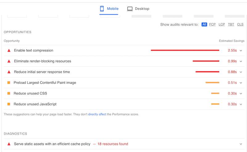 Flagged issues for Divi - Source: PageSpeed Insights

