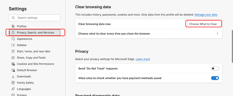 Advanced caching from the Settings - Source: Microsoft Edge