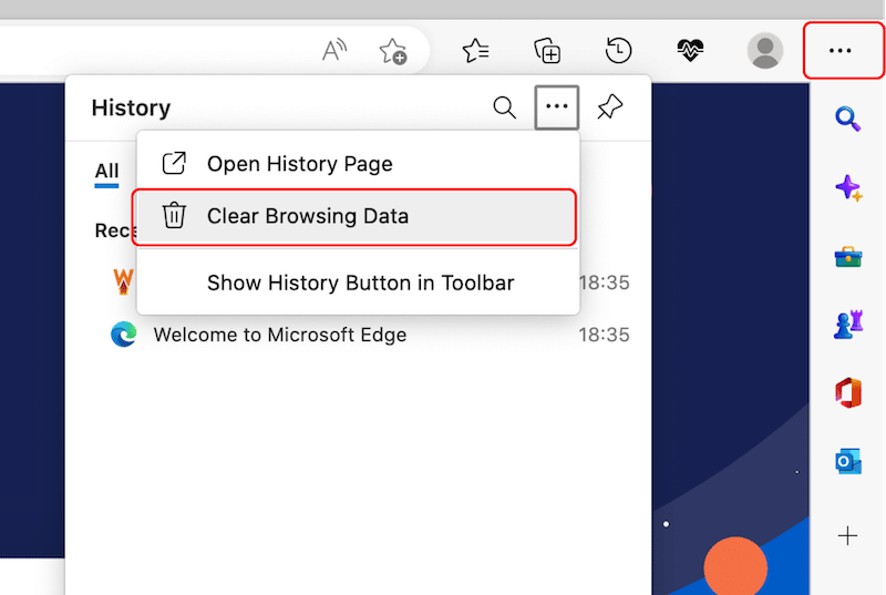 Clearing cache and cookies on Microsoft Edge - Step 1 - Source: Microsoft Edge
