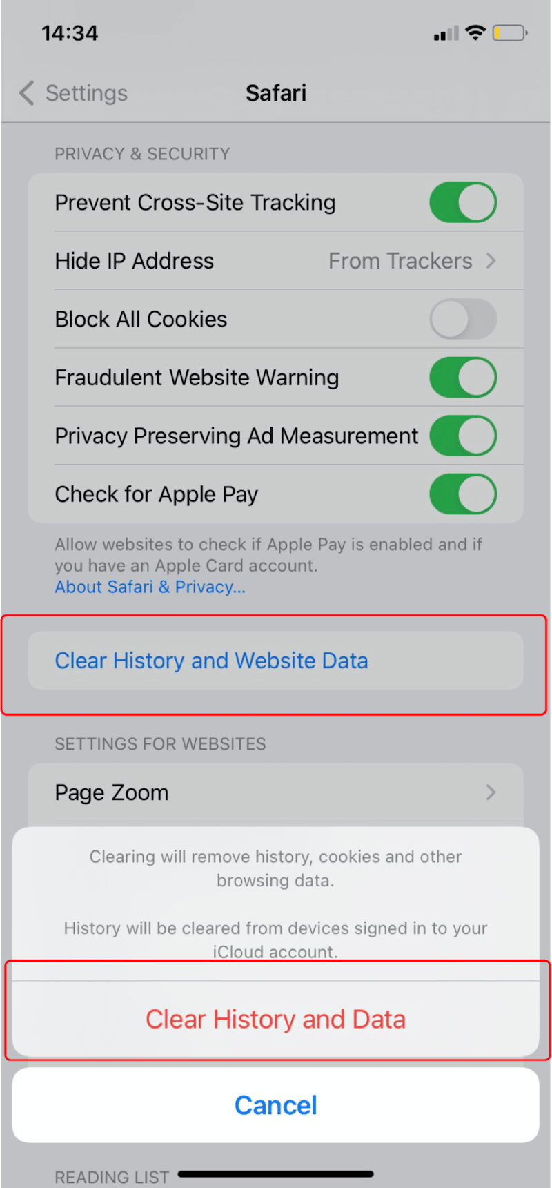 Clearing cache and cookies on iPhone - Step 2 - Source: iOS