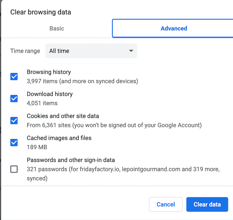 Clearing cookies and cache on Google Chrome - Advanced Tab - Step 3 - Source: Chrome Settings