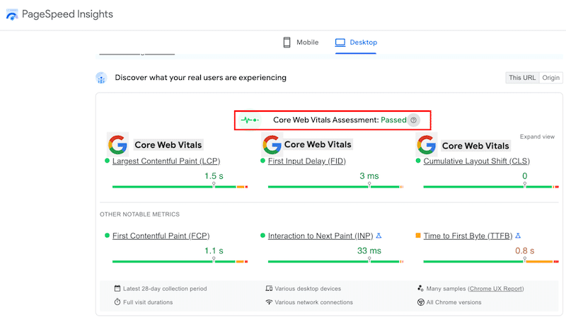 Core Web Vitals (performance and user experience) as ranking factors - Source: PageSpeed Insights.
