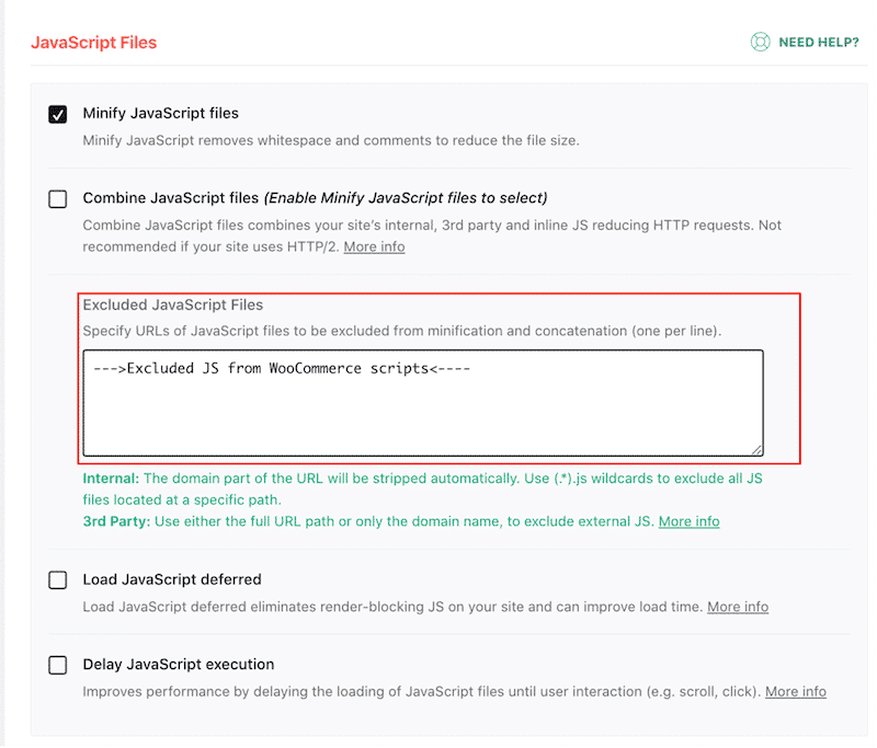 Example of JS optimization (and exclusion option) with WP Rocket - Source: WP Rocket
