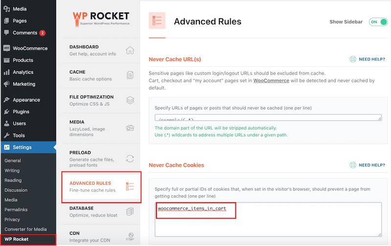 Excluding WooCommerce Cookies easily with WP Rocket - Source: WP Rocket