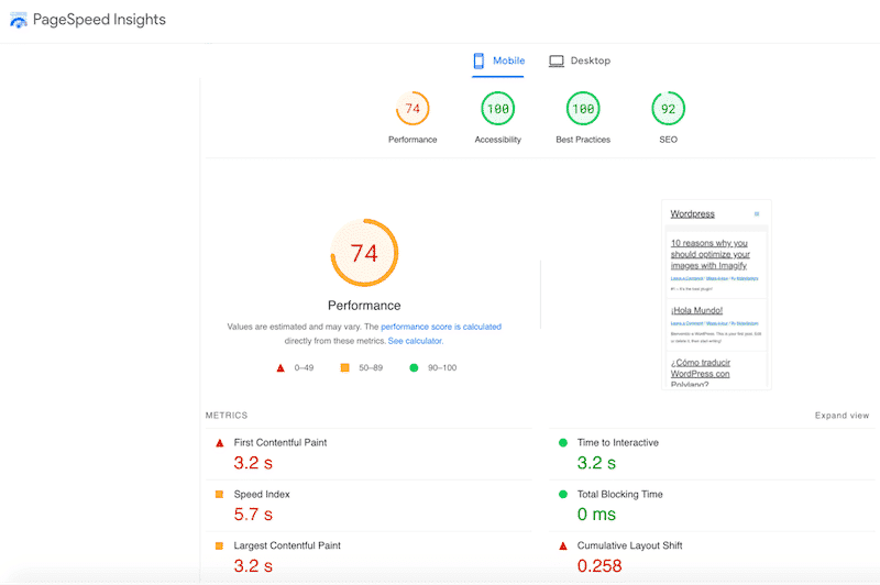 Performance results without WP Rocket - Source: PageSpeed Insights