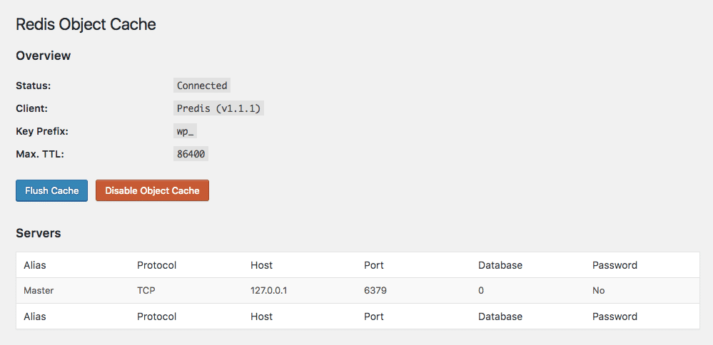 Redis Object Cache plugin settings screen (Source: WordPress.org)