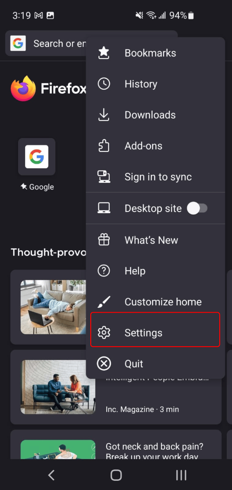 The settings submenu - Step 2 - Source: Firefox
