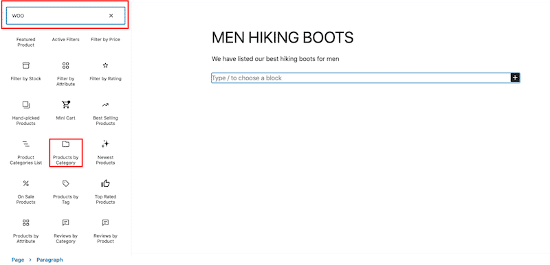 Filtering my products by category using WooCommerce block to create my CLP (custom listing product page) - Source: The WordPress admin
