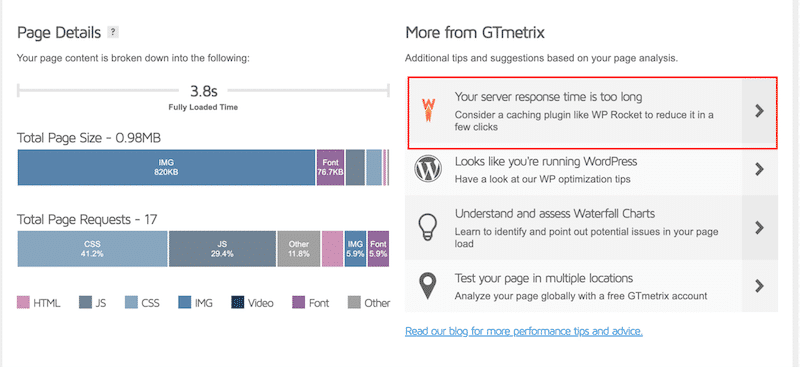 GTmetrix recommends WP Rocket - Source: GTmetrix 
