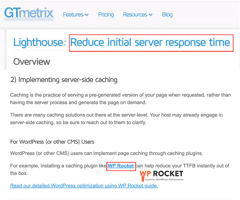 WP Rocket is recommended by GTmetrix to reduce initial server response time - Source: GTmetrix
