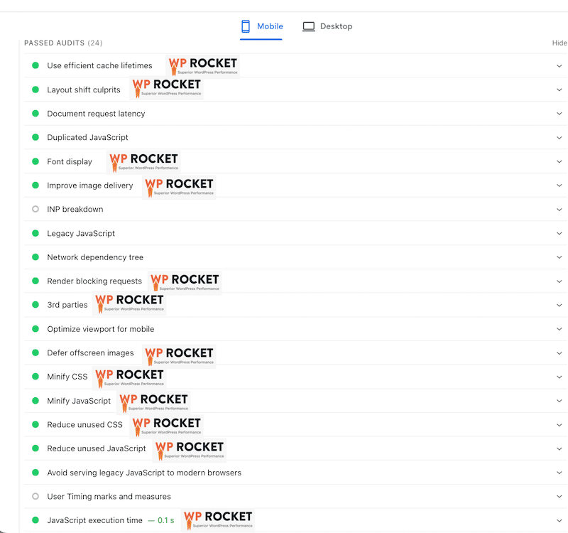 Audits passed with WP Rocket - Source: PageSpeed Insights