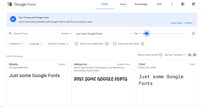 Google Fonts directory with advanced filters - Source: Google Fonts
