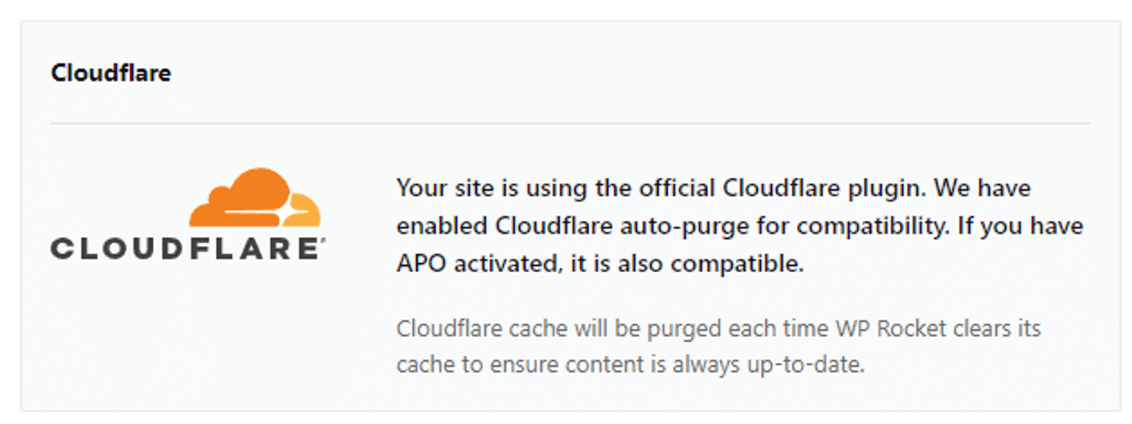 The message confirming the Cloudflare plugin works with full compatibility
